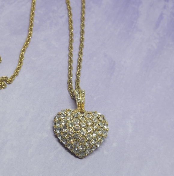 Vintage Monet Necklace GoldTone Puffy Heart Pendant Encrusted Rhinestones - Picture 5 of 7